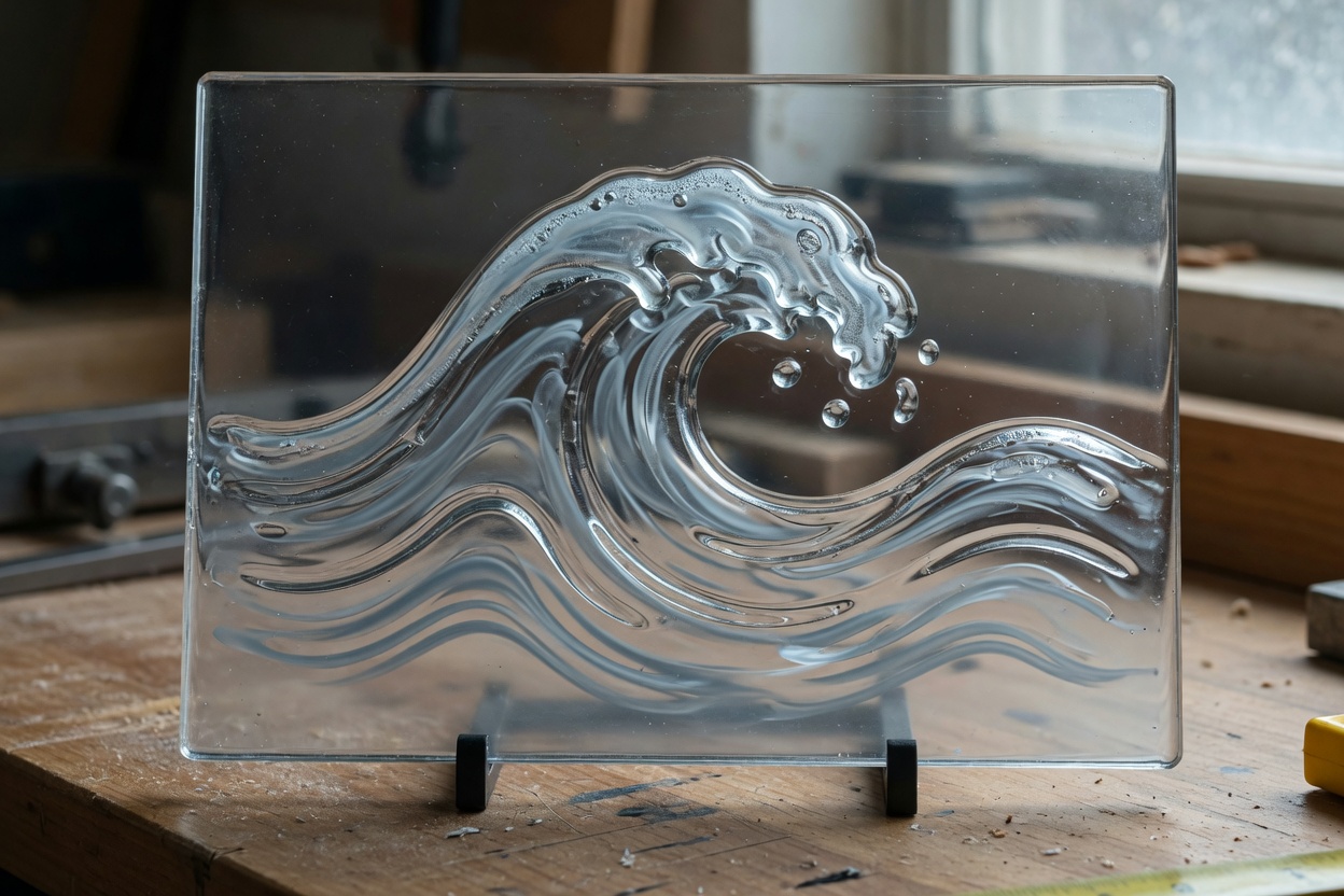 A clear acrylic panel printed with a wave in raised clear gloss