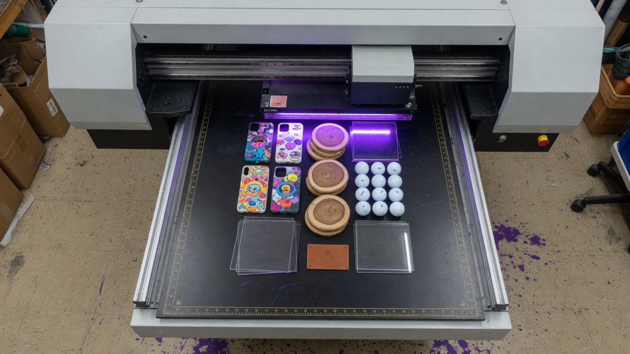 Looking down on the print bed: phone cases, wood rounds, golf balls, acrylic squares and a leather patch laid out in rows