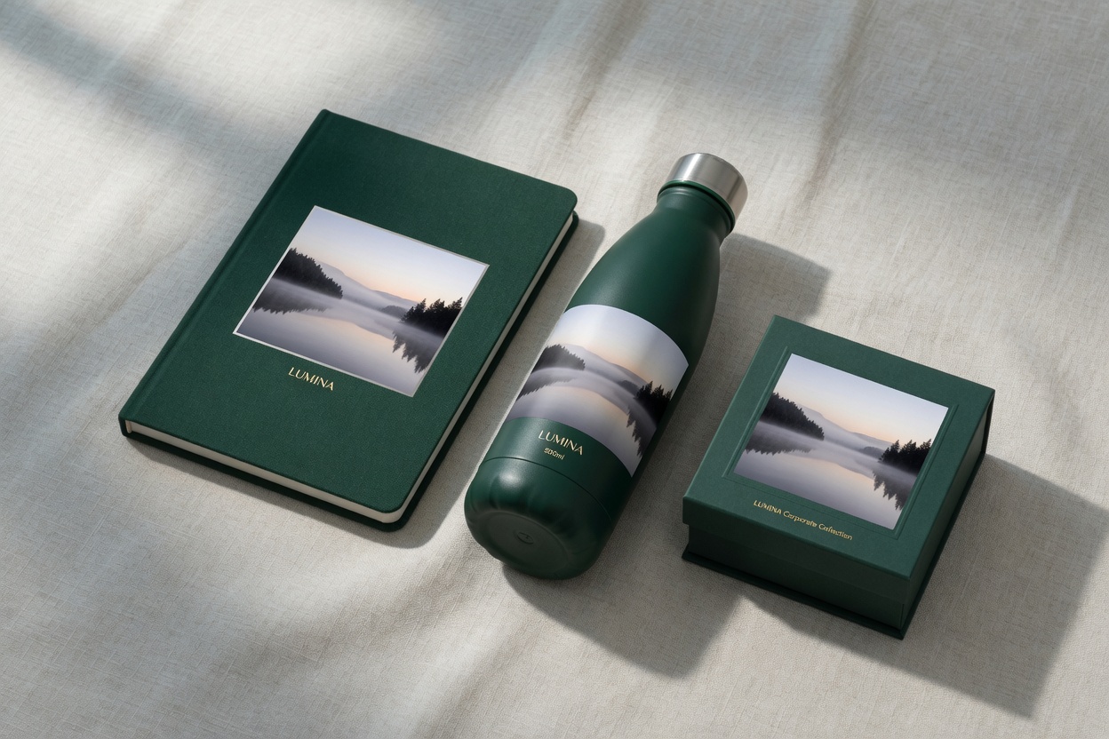 A corporate gift set: notebook, water bottle and box printed with the same landscape
