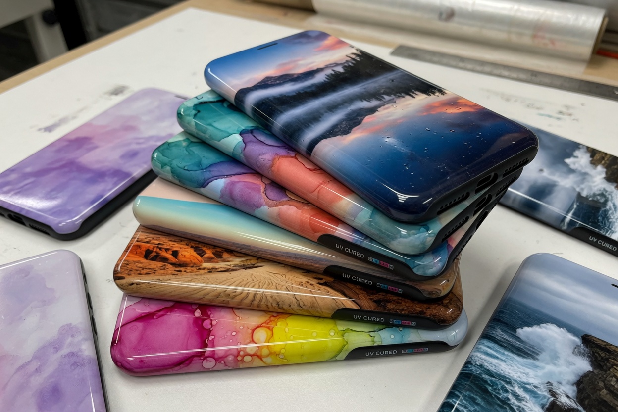 A stack of phone cases printed in full color with a gloss finish