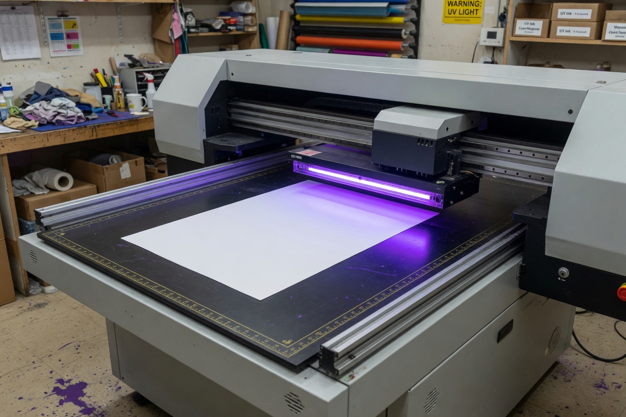 A tabletop UV printer with the violet curing lamp lit under the print carriage