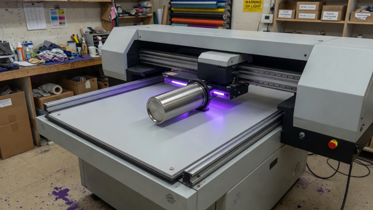 A stainless tumbler held on the rotary attachment under the UV lamp