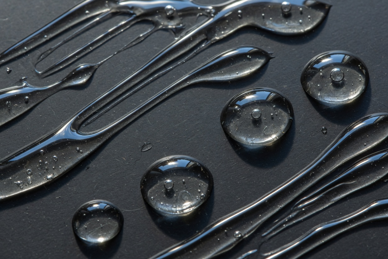 Close-up of raised clear gloss ink standing up off a dark surface