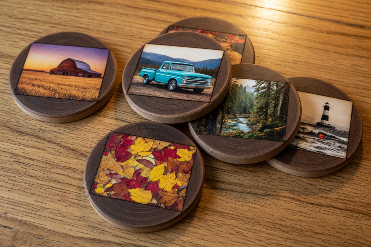 Round wood coasters printed with photographs of a barn, a truck, a forest and a lighthouse